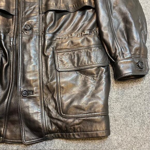 Vintage 90s Barcelino Black Leather Car Coat Men 42 Overcoat Soft Lamb MidLength - Picture 3 of 12